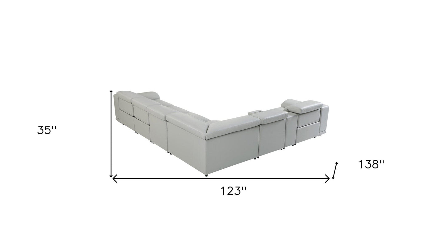 Light Gray Italian Leather Power Recline L Shape Seven Piece Corner Sectional With Console