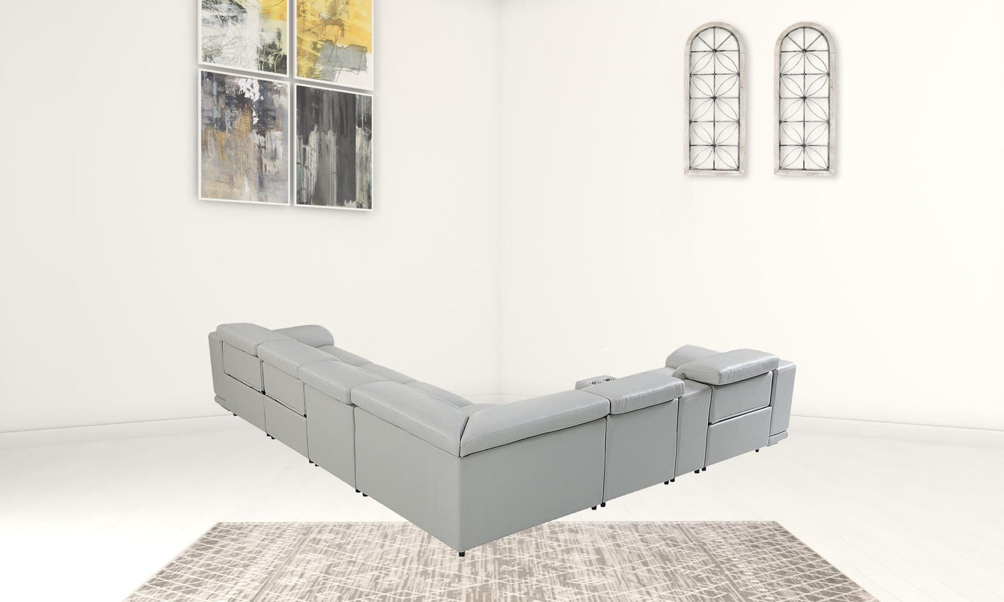 Light Gray Italian Leather Power Recline L Shape Seven Piece Corner Sectional With Console