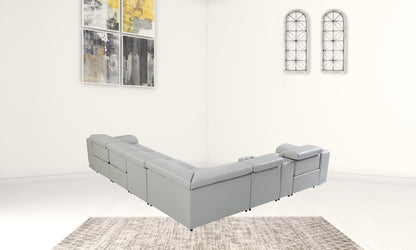Light Gray Italian Leather Power Recline L Shape Seven Piece Corner Sectional With Console