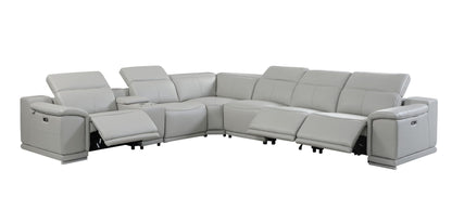 Light Gray Italian Leather Power Recline L Shape Seven Piece Corner Sectional With Console