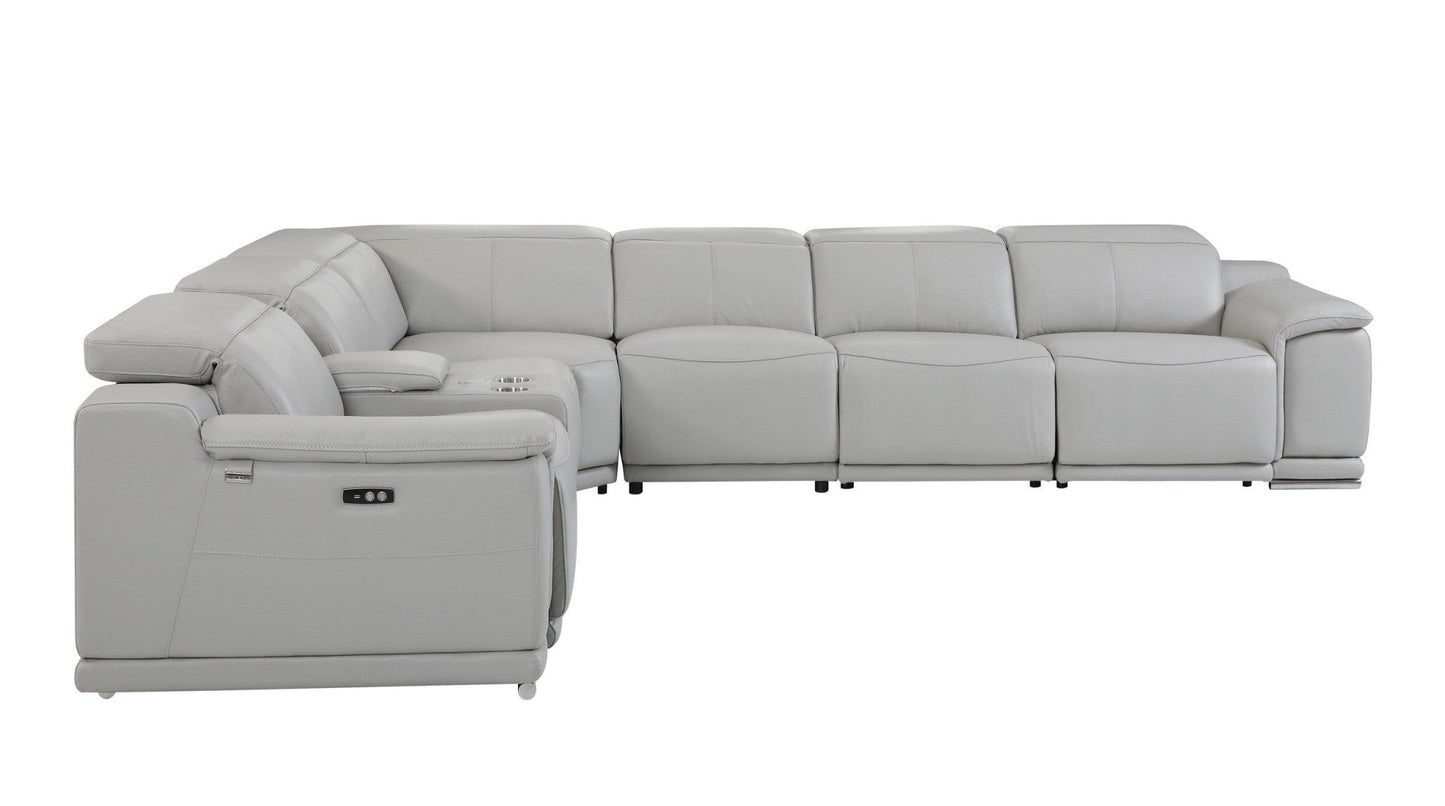 Light Gray Italian Leather Power Recline L Shape Seven Piece Corner Sectional With Console