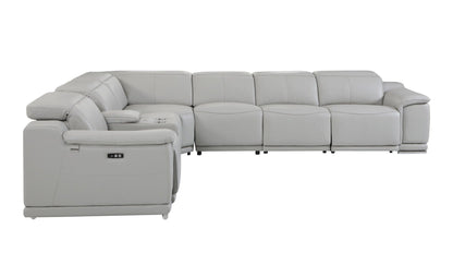 Light Gray Italian Leather Power Recline L Shape Seven Piece Corner Sectional With Console