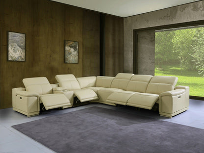 Beige Italian Leather Power Recline L Shape Seven Piece Corner Sectional With Console
