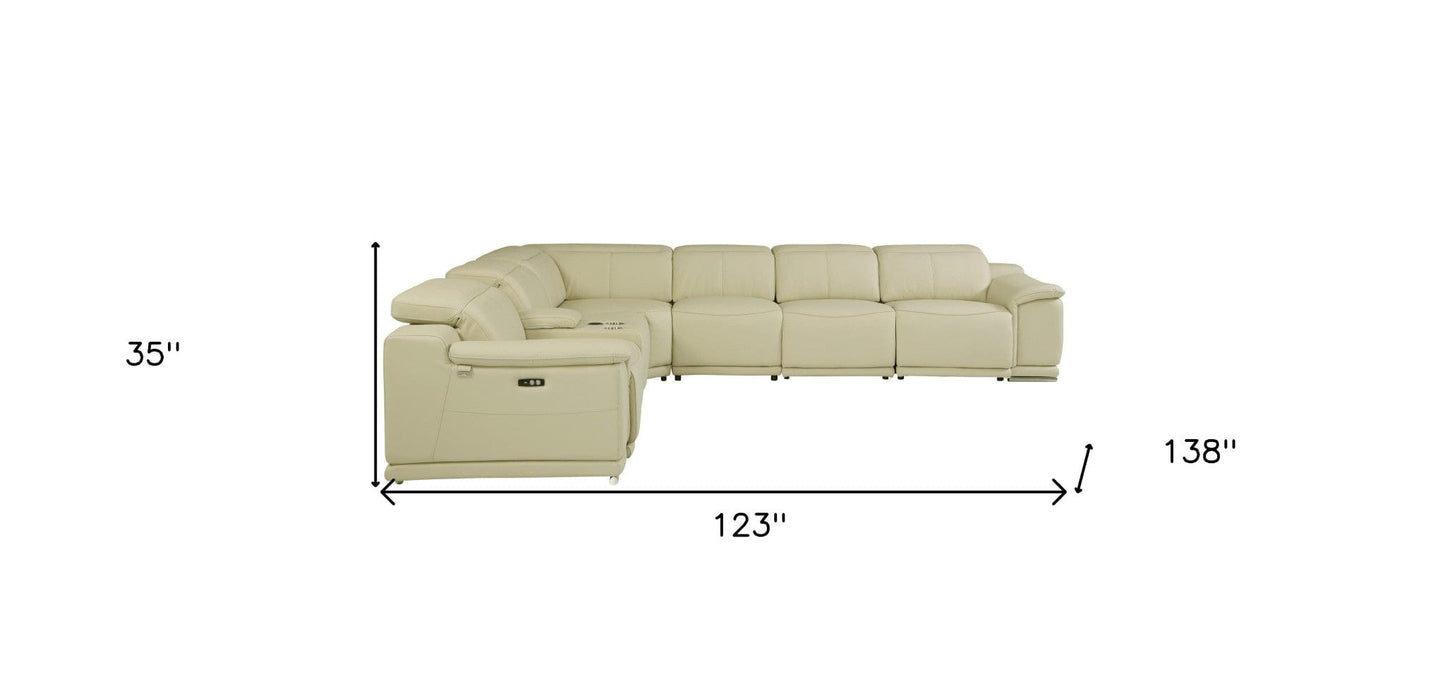 Beige Italian Leather Power Recline L Shape Seven Piece Corner Sectional With Console