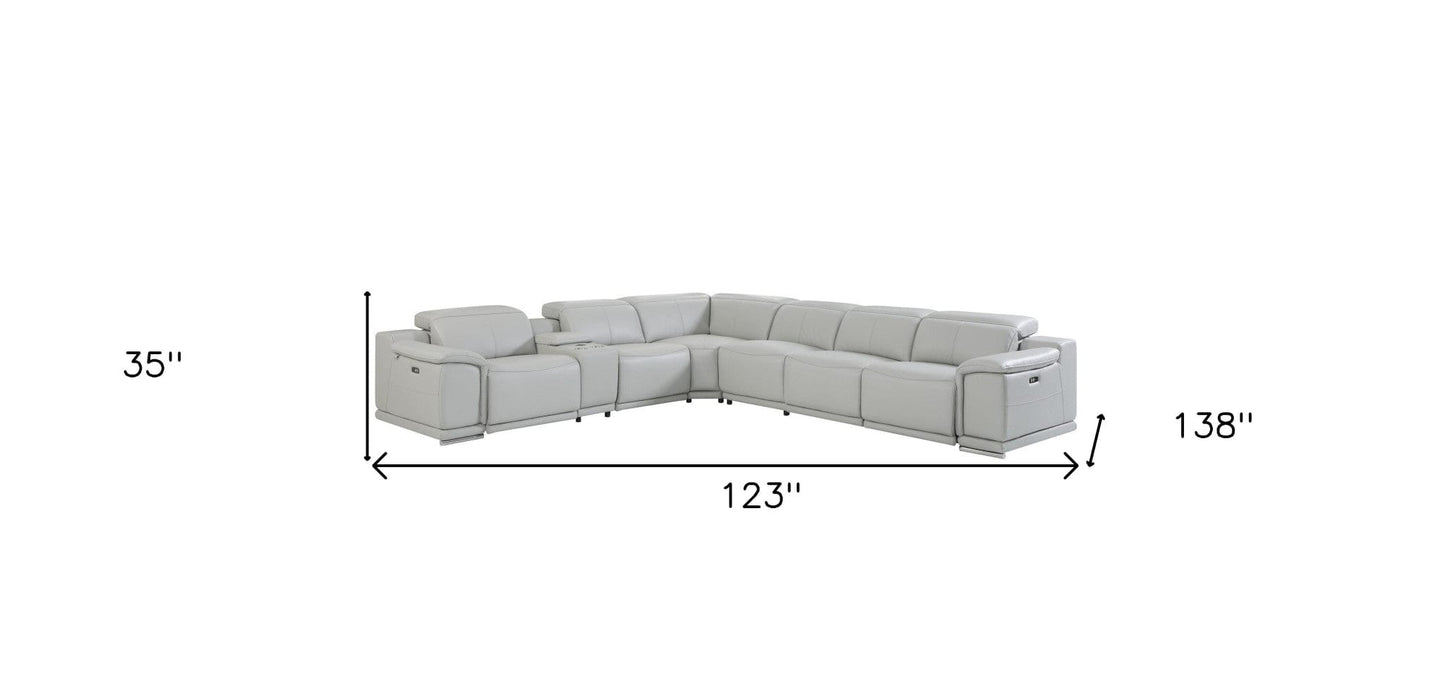 Light Gray Italian Leather Power Recline L Shape Seven Piece Corner Sectional With Console