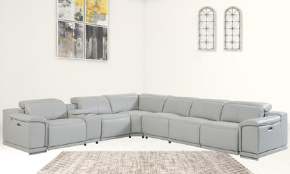 Light Gray Italian Leather Power Recline L Shape Seven Piece Corner Sectional With Console