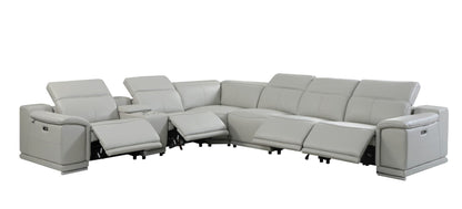 Light Gray Italian Leather Power Recline L Shape Seven Piece Corner Sectional With Console