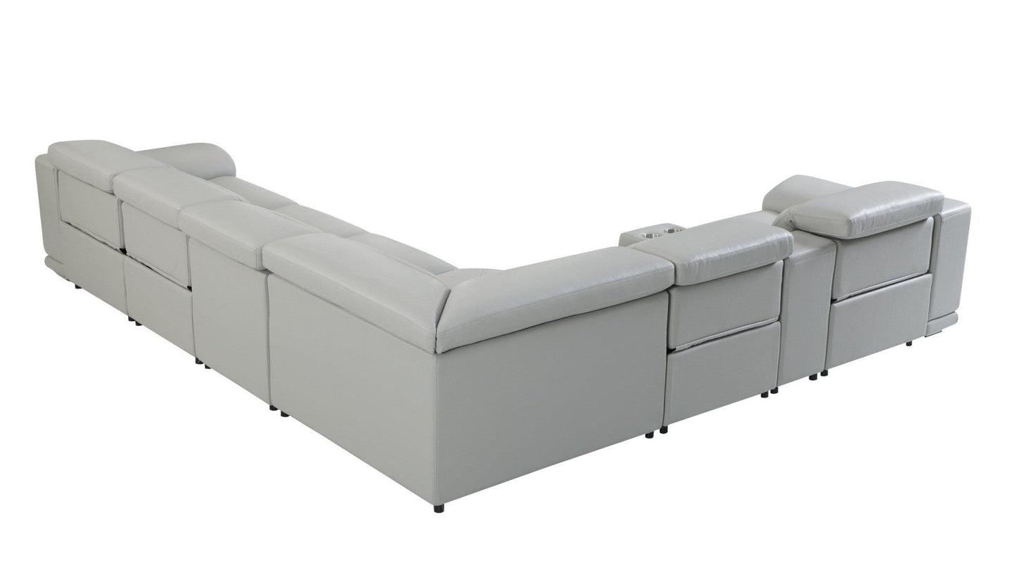 Light Gray Italian Leather Power Recline L Shape Seven Piece Corner Sectional With Console