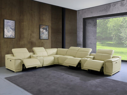 Beige Italian Leather Power Recline L Shape Eight Piece Corner Sectional With Console