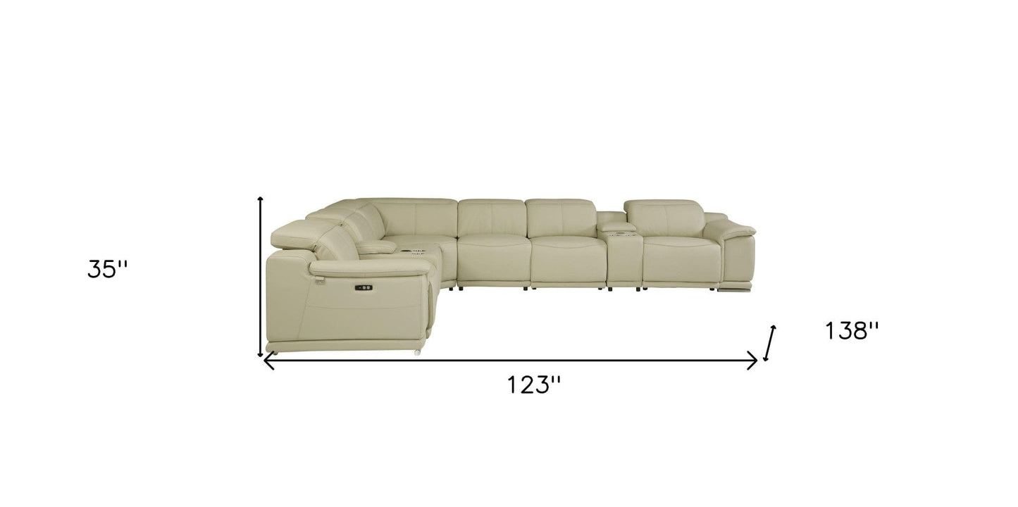 Beige Italian Leather Power Recline L Shape Eight Piece Corner Sectional With Console