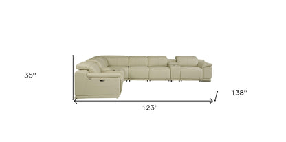 Beige Italian Leather Power Recline L Shape Eight Piece Corner Sectional With Console