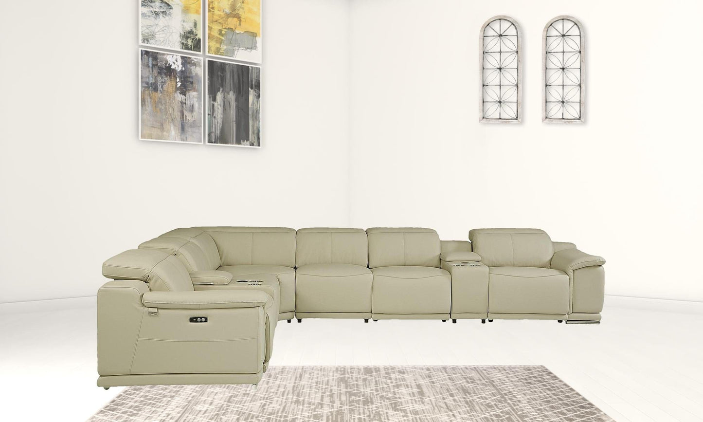 Beige Italian Leather Power Recline L Shape Eight Piece Corner Sectional With Console