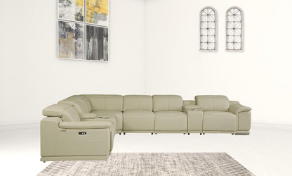 Beige Italian Leather Power Recline L Shape Eight Piece Corner Sectional With Console