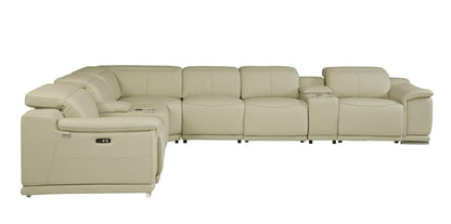 Beige Italian Leather Power Recline L Shape Eight Piece Corner Sectional With Console