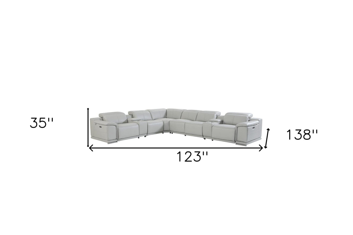 Light Gray Italian Leather Power Recline L Shape Eight Piece Corner Sectional With Console