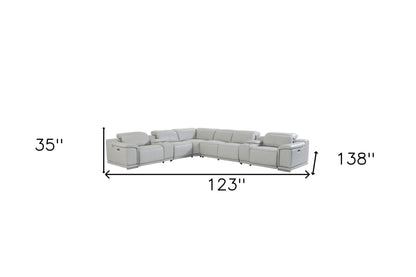 Light Gray Italian Leather Power Recline L Shape Eight Piece Corner Sectional With Console