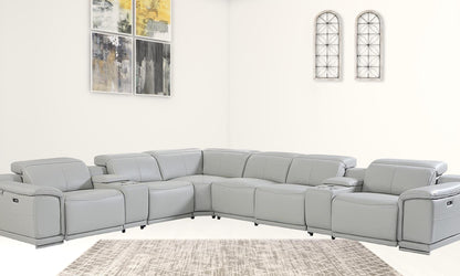 Light Gray Italian Leather Power Recline L Shape Eight Piece Corner Sectional With Console