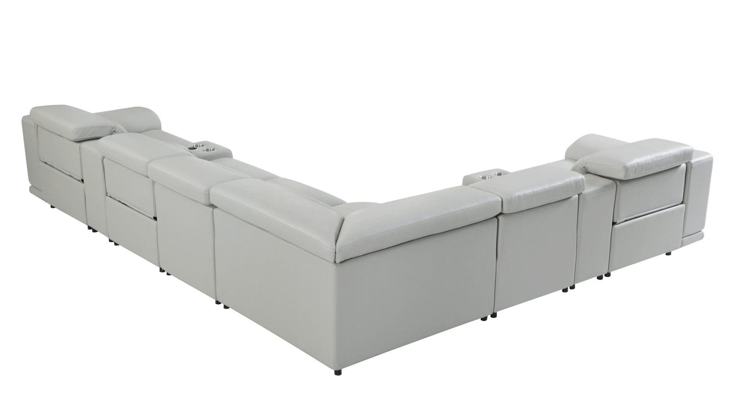 Light Gray Italian Leather Power Recline L Shape Eight Piece Corner Sectional With Console