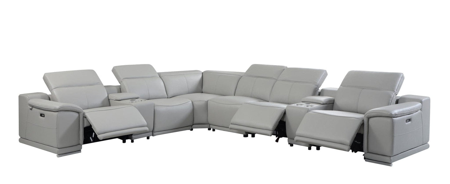 Light Gray Italian Leather Power Recline L Shape Eight Piece Corner Sectional With Console