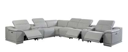 Light Gray Italian Leather Power Recline L Shape Eight Piece Corner Sectional With Console