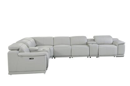 Light Gray Italian Leather Power Recline L Shape Eight Piece Corner Sectional With Console