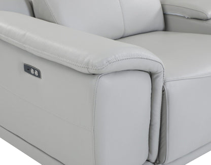 Light Gray Italian Leather Power Recline L Shape Eight Piece Corner Sectional With Console