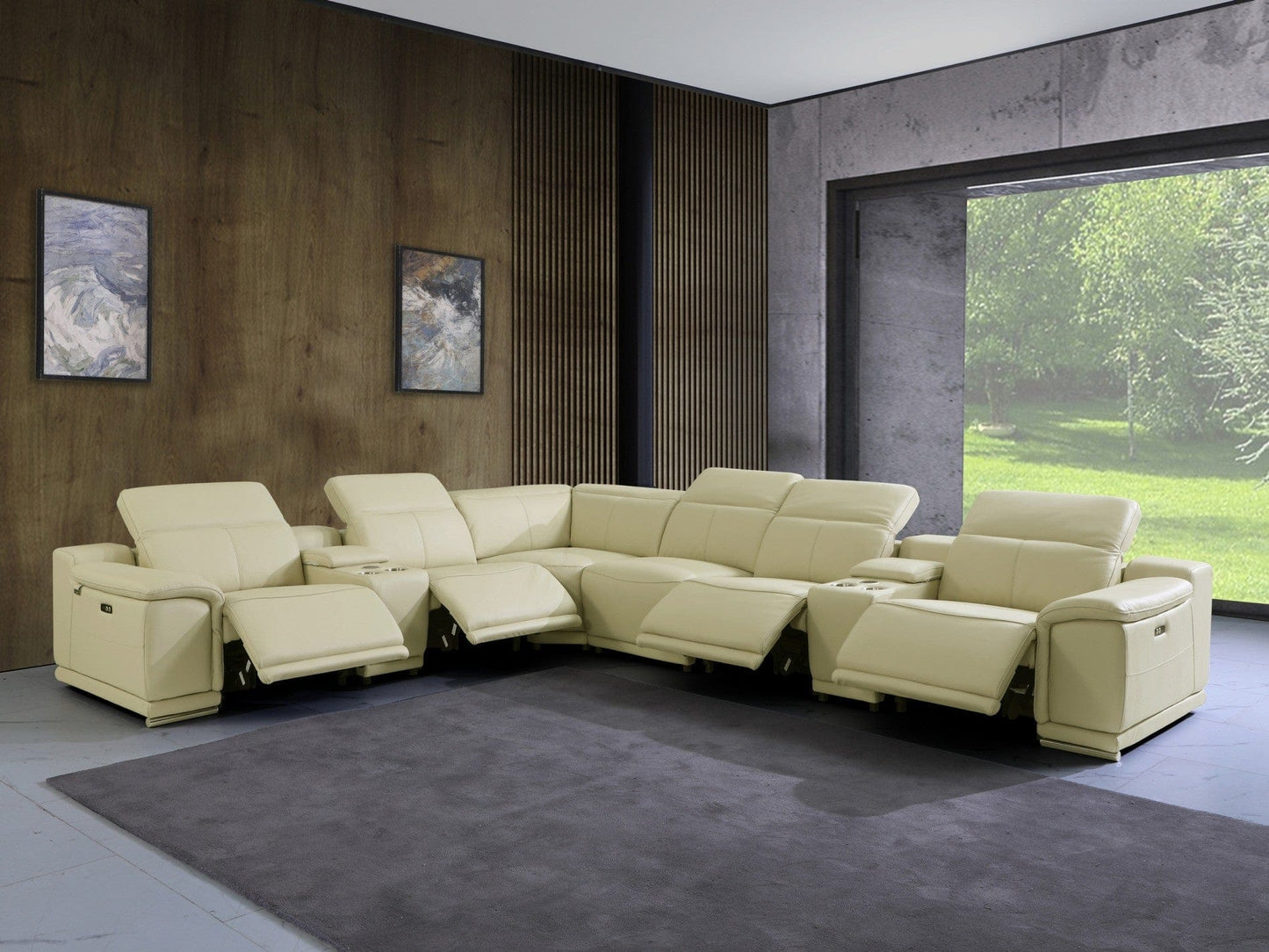 Beige Italian Leather Power Recline L Shape Eight Piece Corner Sectional With Console
