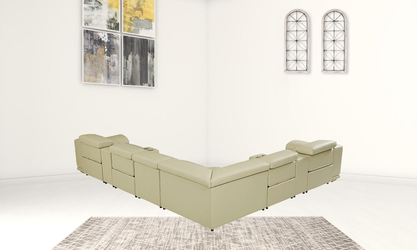 Beige Italian Leather Power Recline L Shape Eight Piece Corner Sectional With Console