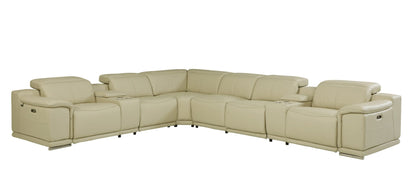 Beige Italian Leather Power Recline L Shape Eight Piece Corner Sectional With Console
