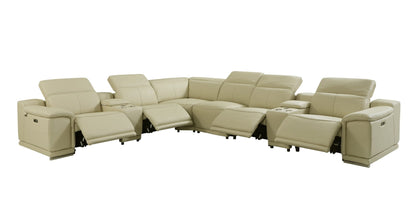 Beige Italian Leather Power Recline L Shape Eight Piece Corner Sectional With Console