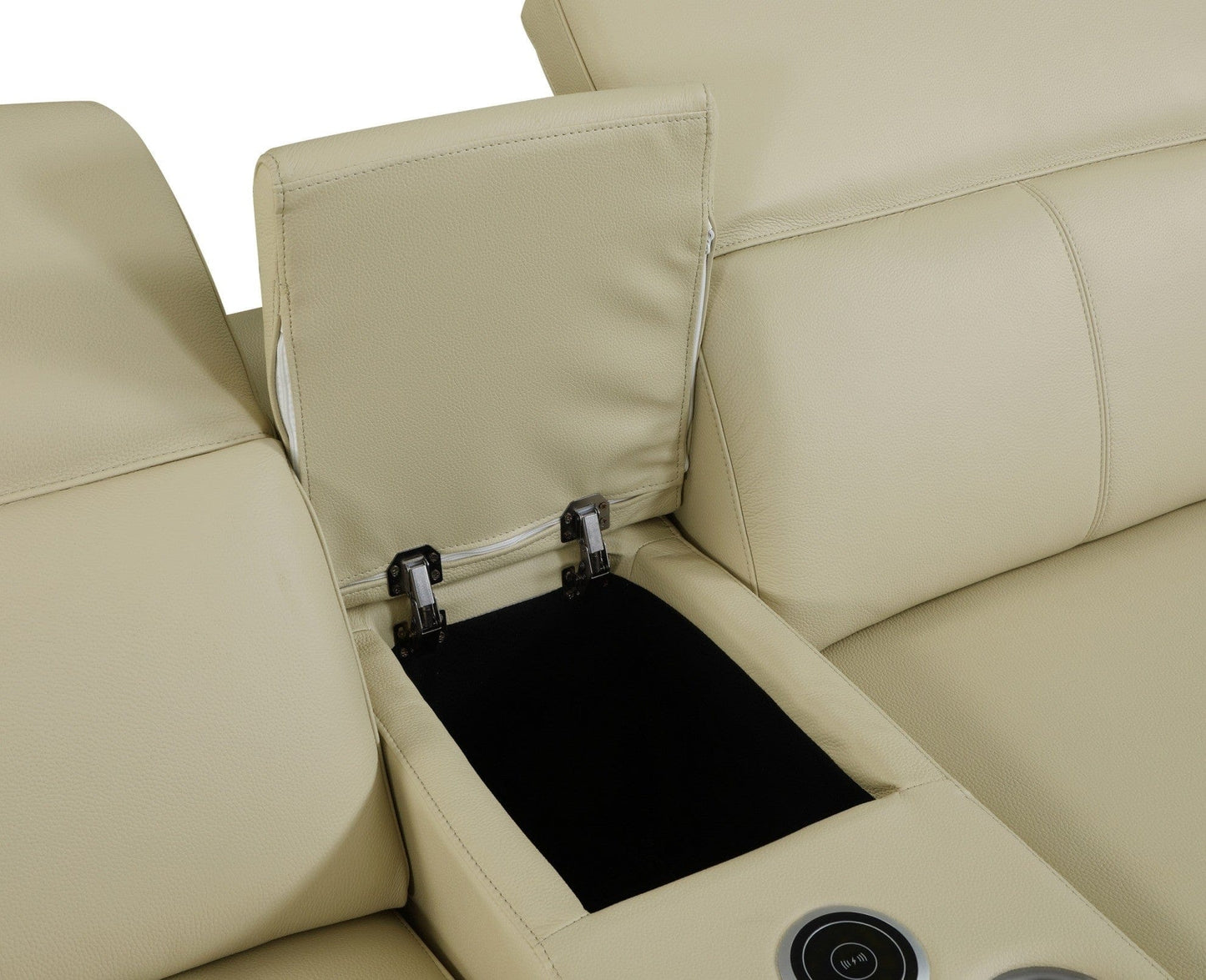 Beige Italian Leather Power Recline L Shape Eight Piece Corner Sectional With Console