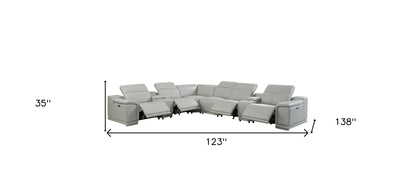 Light Gray Italian Leather Power Recline L Shape Eight Piece Corner Sectional With Console