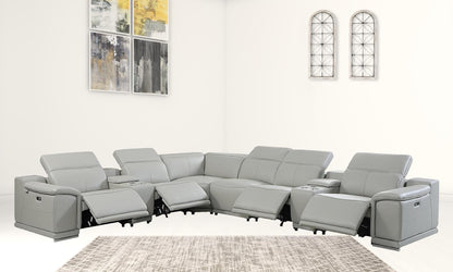 Light Gray Italian Leather Power Recline L Shape Eight Piece Corner Sectional With Console