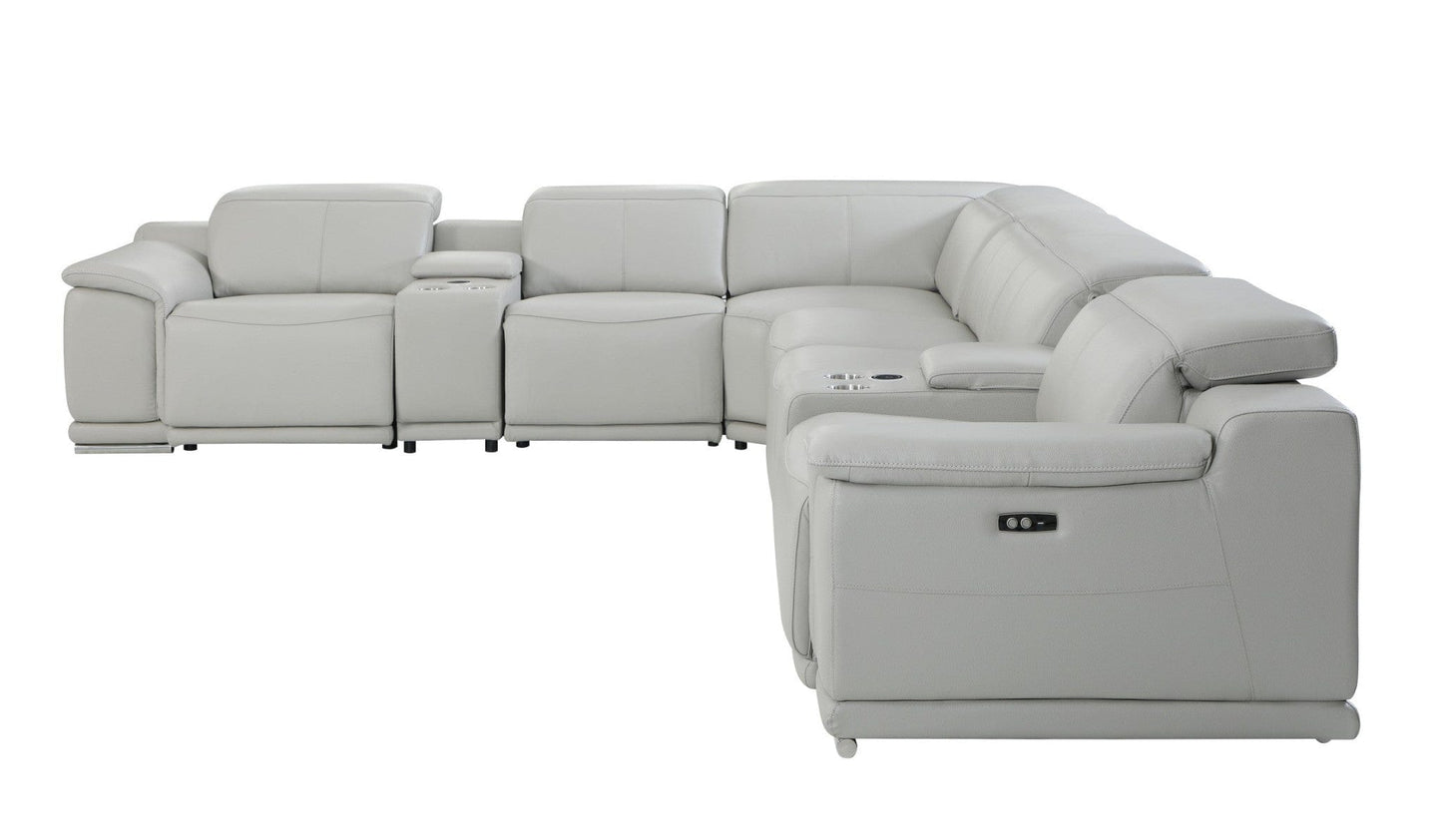 Light Gray Italian Leather Power Recline L Shape Eight Piece Corner Sectional With Console