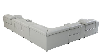 Light Gray Italian Leather Power Recline L Shape Eight Piece Corner Sectional With Console