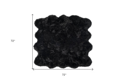 6' X 6' Black Faux Fur Washable Non Skid Area Rug