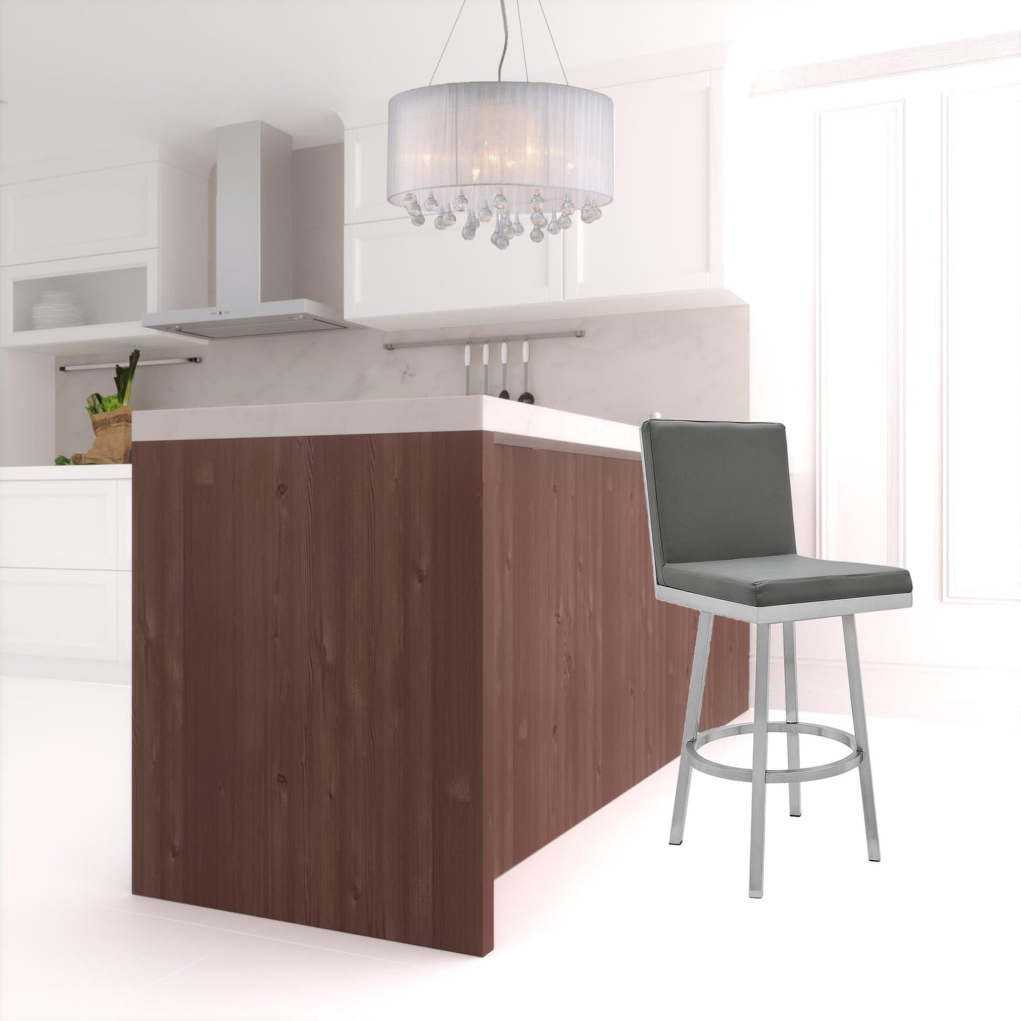 40" Gray Faux Leather And Iron Swivel Counter Height Bar Chair