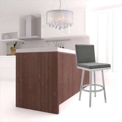 44" Gray Faux Leather And Iron Swivel Bar Height Chair