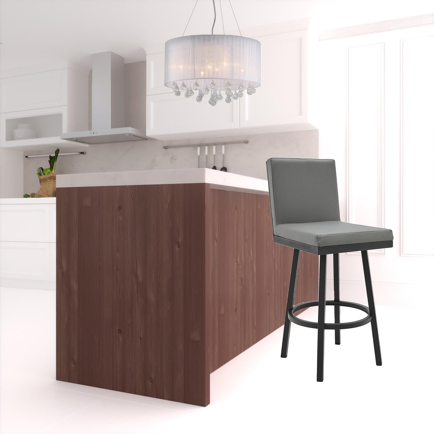 44" Gray Faux Leather And Iron Swivel Bar Height Chair