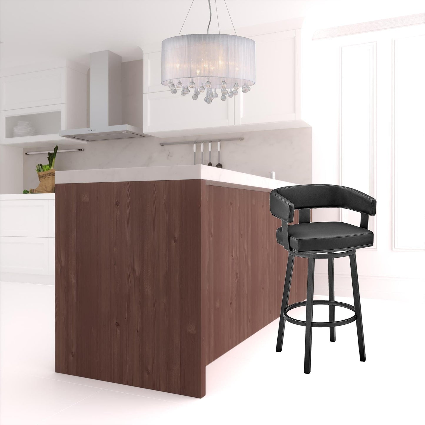 38" Black Faux Leather And Iron Swivel Low Back Bar Height Chair