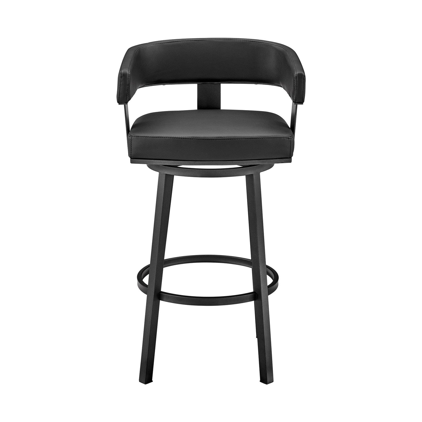 38" Black Faux Leather And Iron Swivel Low Back Bar Height Chair