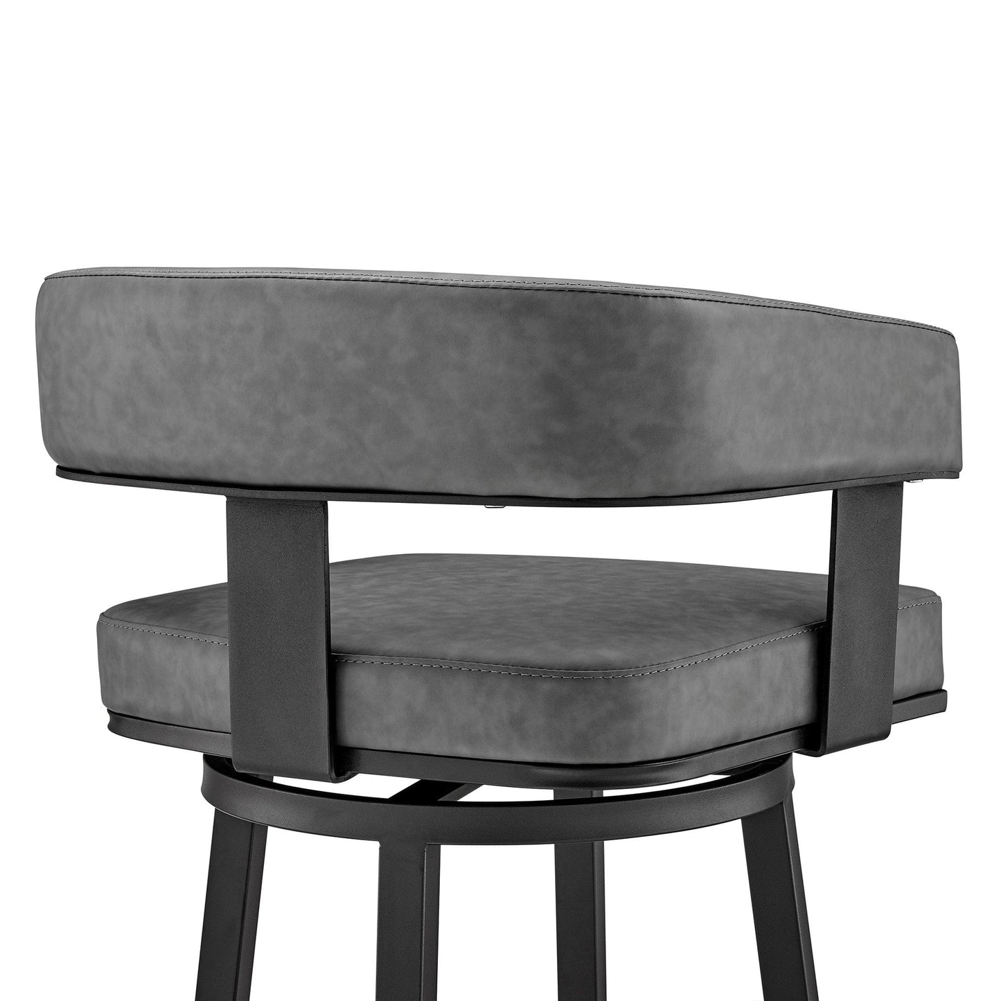 38" Gray Faux Leather And Iron Swivel Low Back Bar Height Chair