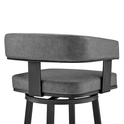 38" Gray Faux Leather And Iron Swivel Low Back Bar Height Chair