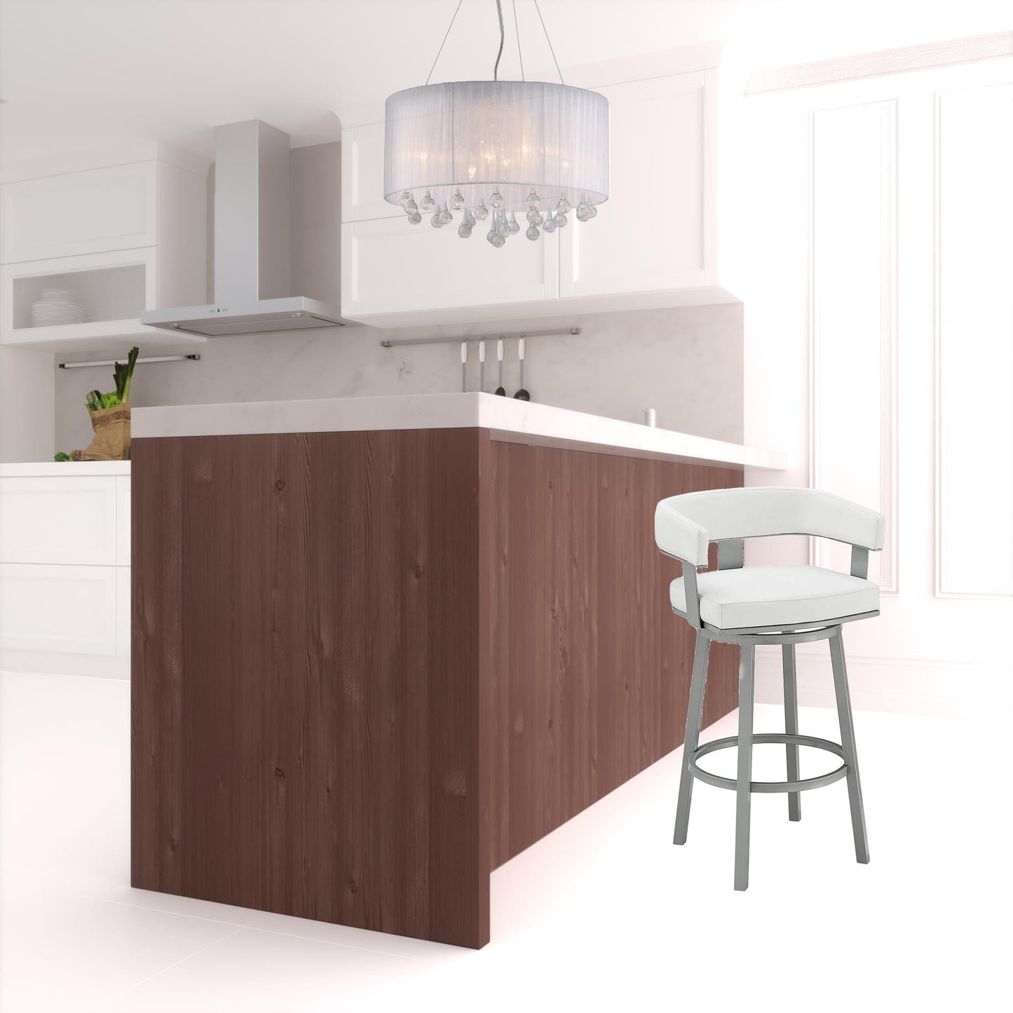 34" White Faux Leather And Iron Swivel Low Back Counter Height Bar Chair