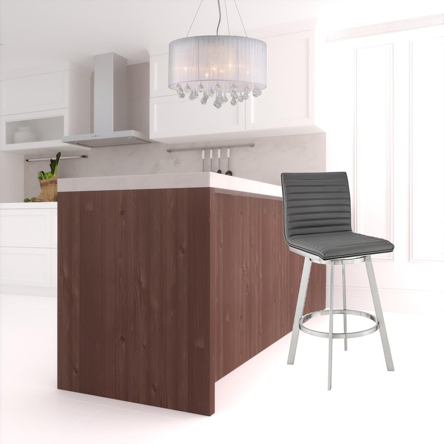 42" Gray Faux Leather And Iron Swivel Bar Height Chair