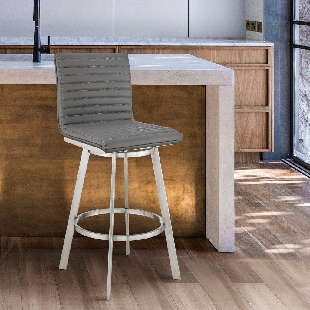 42" Gray Faux Leather And Iron Swivel Bar Height Chair