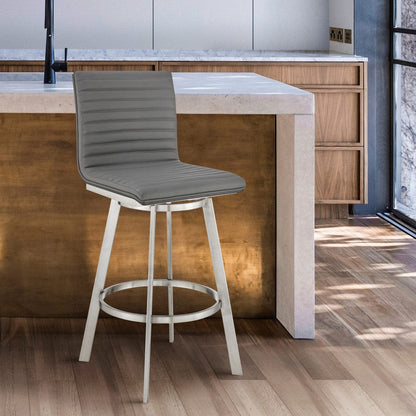 42" Gray Faux Leather And Iron Swivel Bar Height Chair