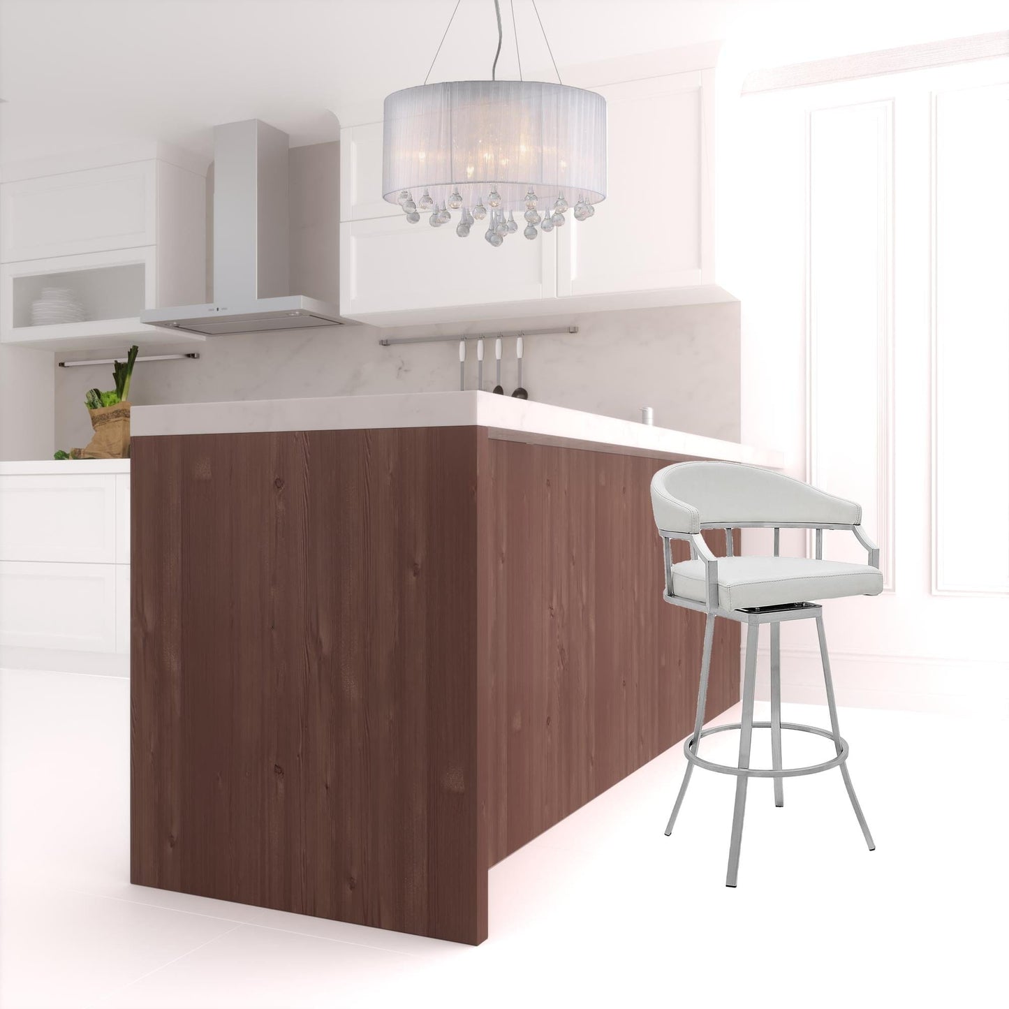 36" White Faux Leather And Iron Swivel Low Back Counter Height Bar Chair