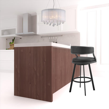 39" Black Faux Leather And Iron Swivel Low Back Bar Height Chair