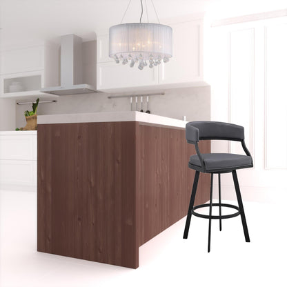 39" Grey Faux Leather And Iron Swivel Low Back Bar Height Chair